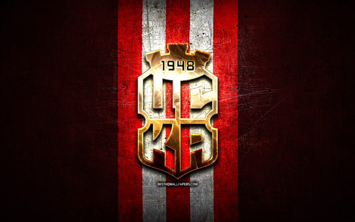 cska 1948 sofia fc, logo dorado, parva liga, fondo de metal rojo, f&#250;tbol, ​​club de f&#250;tbol b&#250;lgaro, cska 1948 sofia logo, ​​fc cska 1948 sofia