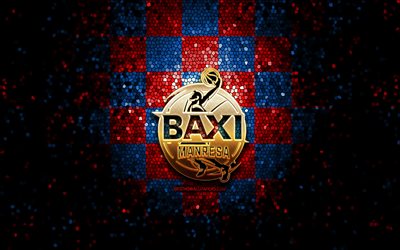 BAXI Manresa Roster, glitter logo, ACB, blue red checkered background, spanish basketball team, BAXI Manresa Roster logo, mosaic art, basketball, Basquet Manresa
