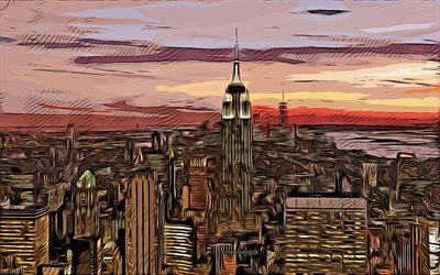 manhattan, new york city, empire state building, 4k, arte vettoriale, disegno di new york, arte creativa, arte di new york, disegno vettoriale, paesaggio urbano di new york, usa