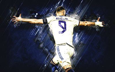 Karim Benzema, Real Madrid, French football player, blue stone background, Benzema Real Madrid, football, La Liga, Spain
