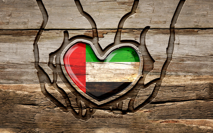 me encantan los emiratos &#225;rabes unidos, 4k, manos talladas en madera, d&#237;a de los emiratos &#225;rabes unidos, bandera de los emiratos &#225;rabes unidos, cuidado con los eau, creativo, bandera de los eau, pa&#237;ses asi&#225;ticos, emiratos &#2