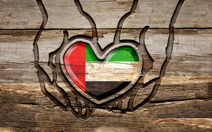 I love United Arab Emirates, 4K, wooden carving hands, Day of United Arab Emirates, United Arab Emirates flag, Flag of United Arab Emirates, Take care UAE, creative, UAE flag, Asian countries, United Arab Emirates