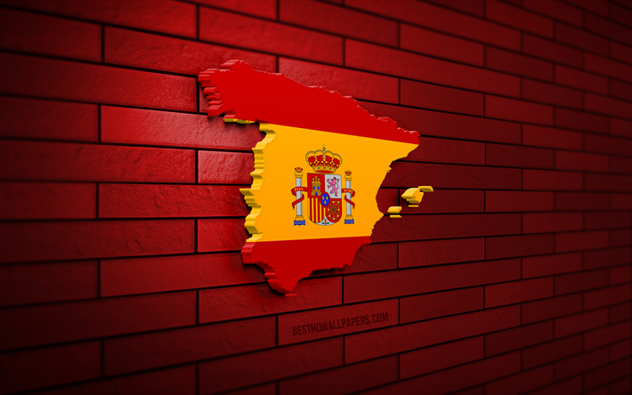 spanien karta, 4k, r&#246;d tegelv&#228;gg, europeiska l&#228;nder, spanien kartsiluett, spanien flagga, europa, spansk karta, spanska flaggan, spanien, spaniens flagga, spansk 3d-karta