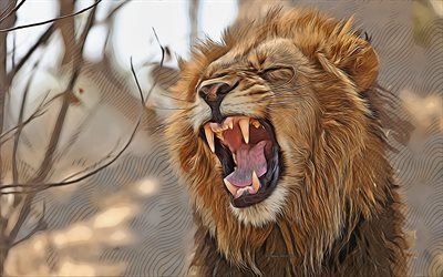 ライオン, 4k, ベクトルアート, ライオンの絵, クリエイティブアート, ライオンアート, ベクトル描画, 抽象的な動物, 捕食者, 怒りのライオン