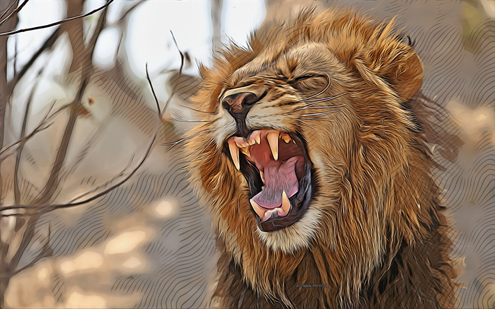 lion, 4k, vector art, lion drawing, creative art, lion art, vector drawing, abstract animals, predators, fury lion