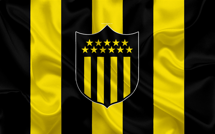 CA Penarol, Aurinegros, 4k, Uruguayan football club, silk texture, logo, emblem, yellow black flag, Montevideo, Uruguay, Uruguayan Primera Division, football, Club Atletico Penarol