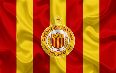 Club Atl&#233;tico Progreso, 4k, Uruguay, club de f&#250;tbol, textura de seda, logotipo, emblema, amarillo y rojo de la bandera, Montevideo, Primera Divisi&#243;n, f&#250;tbol, CA Progreso