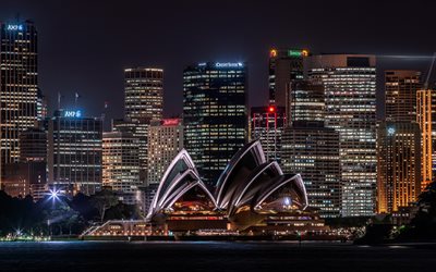 4k, la &#211;pera de S&#237;dney, modernos edificios, paisajes nocturnos, Sydney, Australia