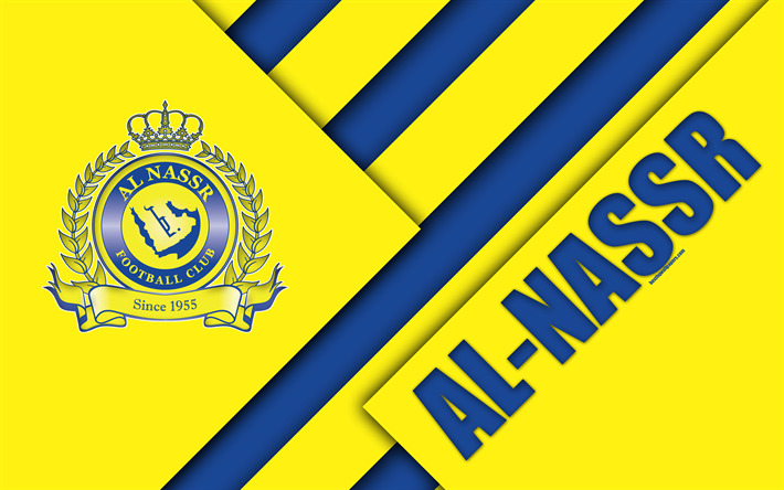 Al-Nassr FC, 4k, keltainen sininen abstraktio, logo, Saudi-Arabian football club, materiaali suunnittelu, Riyadh, Saudi-Arabia, jalkapallo, Saudi Professional League