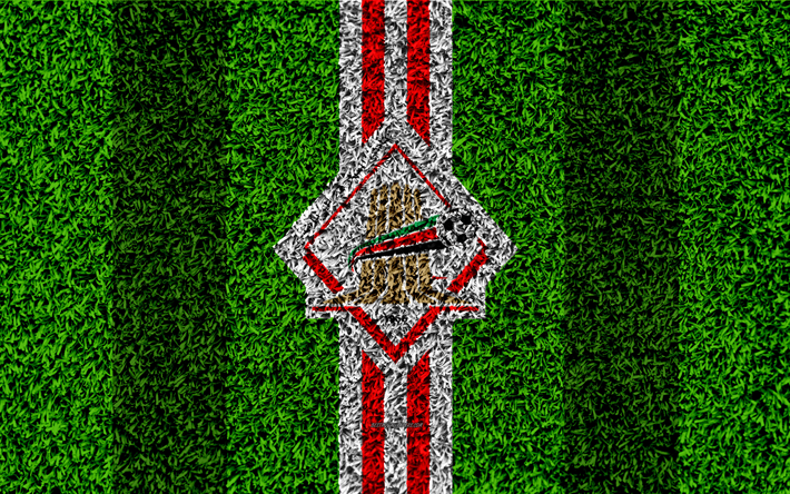 Al-Sharjah FC, 4k, Arabiemiraattien Emirati football club, logo, ruohon rakenne, jalkapallokentt&#228;, punainen valkoinen linjat, Sharjah, Yhdistyneet Arabiemiirikunnat, jalkapallo, UAE Pro League, Arabian Gulf League