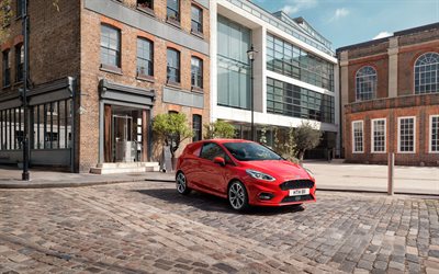 Ford Fiesta Sport Van, 4k, sokak, 2018 araba, kırmızı Ford Fiesta, kompakt otomobil, Ford