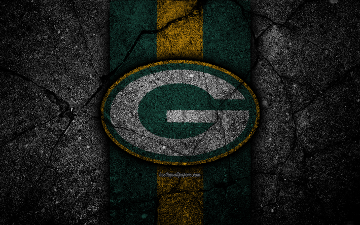 4k, Green Bay Packers, logo, musta kivi, NFL, NFC, amerikkalainen jalkapallo, USA, art, asfaltti rakenne, Pohjois-Jako