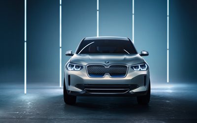 BMW Concept iX3, 2018, 4k, esterno, promo, vista frontale, il nuovo SUV, la nuova silver iX3, auto tedesche, BMW