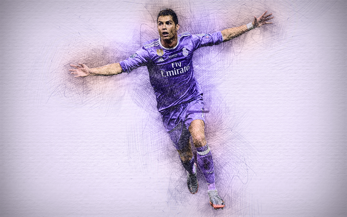 4k, Cristiano Ronaldo, violet uniform, artwork, football stars, Real Madrid, CR7, soccer, joy, La Liga, Ronaldo, footballers, creative, drawing Ronaldo, FC Real Madrid