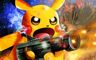4k, Pikachu, gun, Pokemon, chubby rodent, weapon