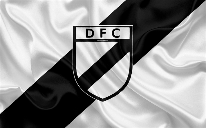 Danubio FC, 4k, Uruguayan football club, silk texture, logo, emblem, white black flag, Montevideo, Uruguay, Uruguayan Primera Division, football