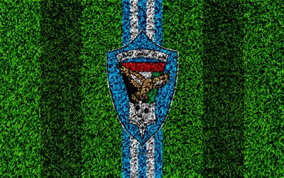 Dibba Al-Fujairah Club, 4k, United Arab Emirati football club, logo, grass texture, football field, blue white lines, Fujairah, United Arab Emirates, football, UAE Pro-League, Arabian Gulf League