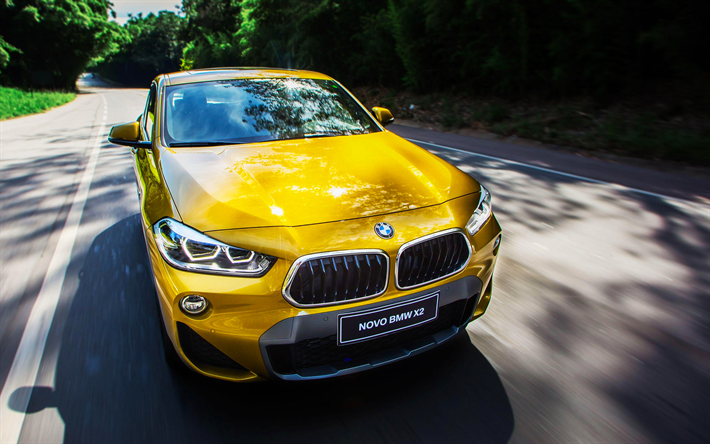4k, BMW X2 sDrive20i Sport M, vue de face, 2018 les voitures, la route, la BMW X2, de croisement, de jaune x2, BMW