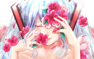 Hatsune Miku, flores cor de rosa, close-up, manga, Vocaloid