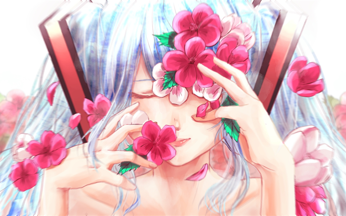 Hatsune Miku, pink flowers, close-up, manga, Vocaloid