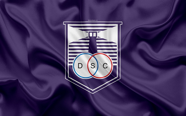 Defensor Sporting, 4k, Uruguayan football club, silk texture, logo, emblem, purple flag, Montevideo, Uruguay, Uruguayan Primera Division, football