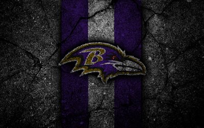 4k, Baltimore Ravens, logo, nero, pietra, NFL, football americano, USA, asfalto texture, Lega Nazionale di Football americano, American Conference