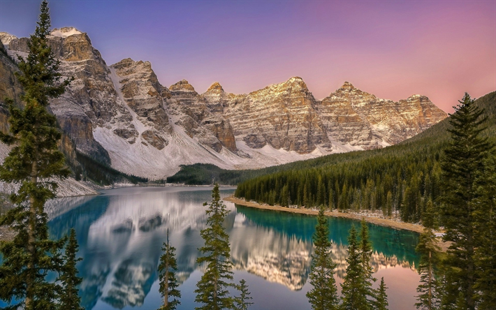 Moraine Lake, spring, sunset, evening, glacial lake, forest, emerald lake, mountain landscape, Canada, Banff National Park