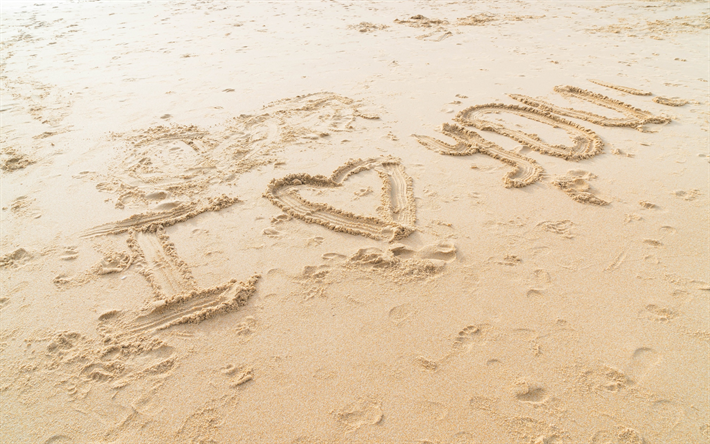 Eu amo voc&#234;, inscri&#231;&#227;o na areia, noite, praia, areia, conceitos de amor
