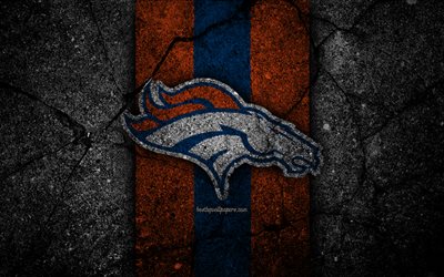 4k, Denver Broncos, logo, siyah taş, NFL, Amerikan Futbolu, ABD, asfalt doku, Ulusal Futbol Ligi, Amerikan Konferansı