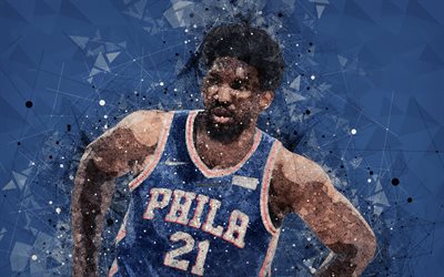 Joel Embiid, Philadelphia 76ers, 4k, viso, creativo geomeric ritratto, arte del ritratto, NBA, Camerunense, giocatore di basket, USA, basket