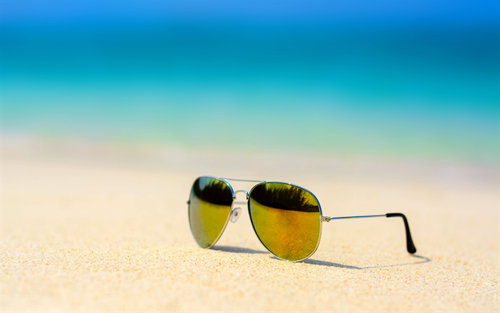 occhiali da sole, sabbia, spiaggia, estate, vacanze, mare, viaggi, estate concetti