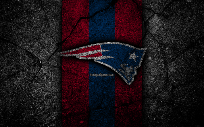 4k, New England Patriots, logo, musta kivi, NFL, amerikkalainen jalkapallo, USA, asfaltti rakenne, National Football League, American Conference