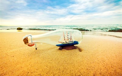 bottle with ship inside, beach, sand, summer, travel, blue sky, seascape