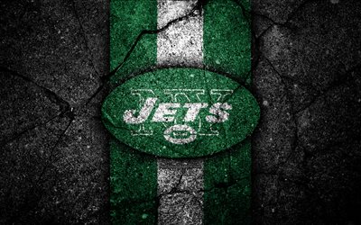 4k, New York Jets, logo, black stone, NFL, american football, USA, NY Jets, asphalt texture, National Football League, American Conference