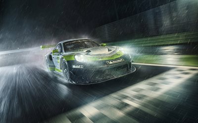 Porsche 911 GT3 R, 2019, vista frontale, corse, auto, esterno, tuning 911, pioggia, notte, pista da corsa, Porsche
