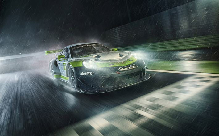 Porsche 911 GT3 R, 2019, front view, racing car, exterior, tuning 911, rain, night, racing track, Porsche