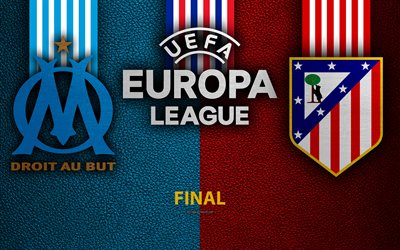 2018 UEFA Europa League Final, 4k, leather texture, logo, FC Olympique Marseille, Atletico Madrid, football, final, Olympique de Marseille, Europa League