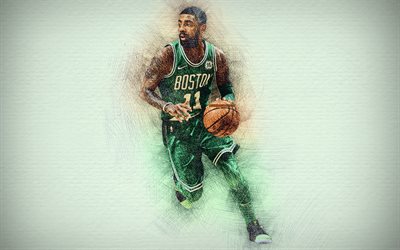 4k, Kyrie Irving, green uniform, basketball stars, Boston Celtics, Irving, artwork, NBA, basketball, drawing Kyrie Irving, NBA stars