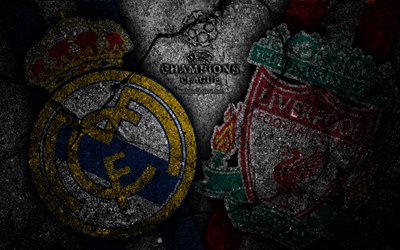 Real Madrid vs Liverpool, 4k, el grunge, el 2018 de la UEFA Champions League, logotipo, Kiev 2018, piedra negra, 26 de Mayo de final de Kiev, la UEFA Champions League, f&#250;tbol, Real Madrid, Liverpool, Kiev, Ucrania, el NSC Olympiyskiy