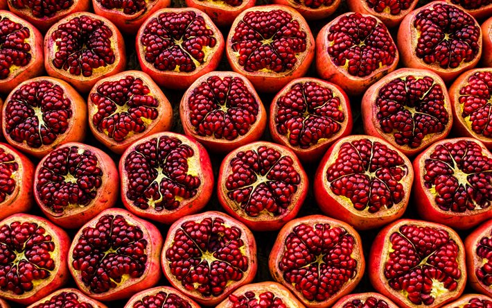 pomegranate, 4k, macro, ripe pomegranate, fresh fruits, vitamins, pomegranate textures, fruits