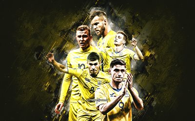 Ukraine national football team, yellow stone background, Ukraine, football, Viktor Tsyhankov, Roman Yaremchuk, Ruslan Malinovskyi, Andriy Yarmolenko, Viktor Kovalenko
