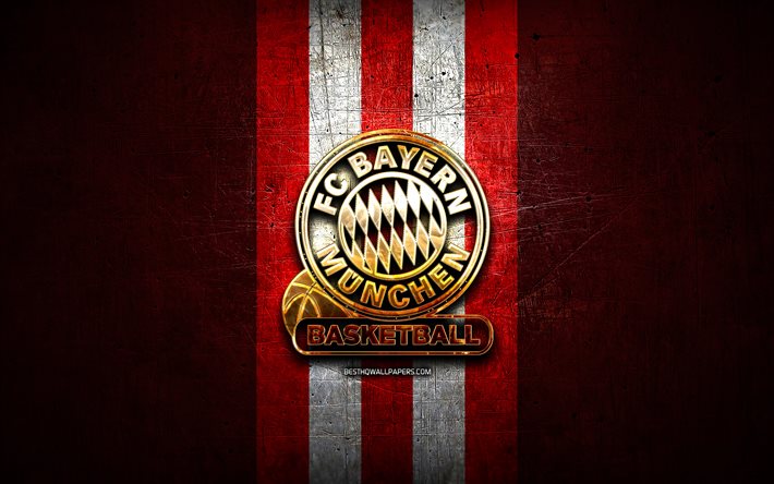 FC Bayern Munich basketball, golden logo, BBL, red metal background, german basketball club, Basketball Bundesliga, FC Bayern Munich basketball logo, basketball