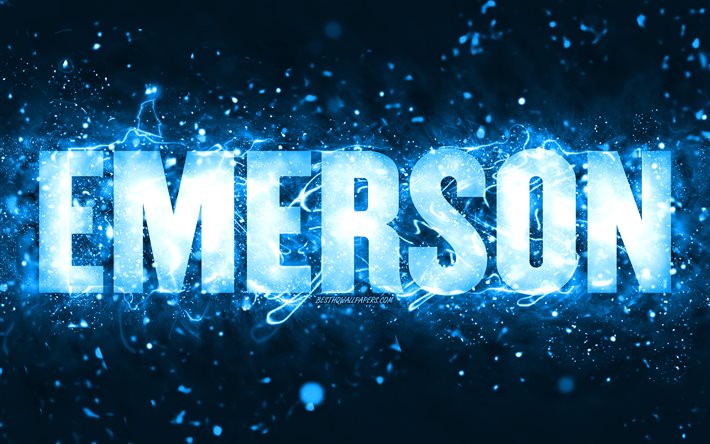 ハッピーバースデー, 4k, 青いネオンライト, エマーソン名, クリエイテ, エマーソン誕生日, 人気のアメリカ人男性の名前, エマーソンの名前の映像, エマーソン