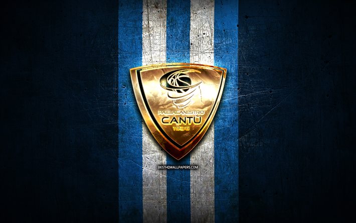 Pallacanestro Cantu, kultainen logo, LBA, sininen metallitausta, italialainen koripalloseura, Lega Basket Serie A, Pallacanestro Cantu -logo, koripallo