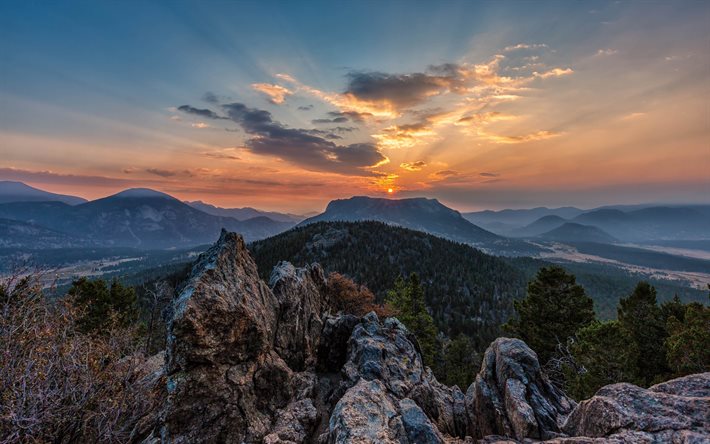 Rocky Mountain National Park, solnedg&#229;ng, berg, HDR, h&#228;rlig natur, USA, Amerika, Colorado