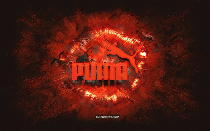 puma-logo, grunge-kunst, orange steinhintergrund, puma-orange-logo, puma, kreative kunst, orange puma-grunge-logo