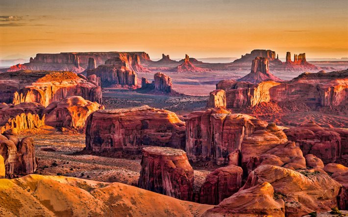 Arizona, canyon, roches orange, coucher de soleil, soir&#233;e, paysage de montagne, USA