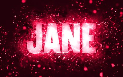 Happy Birthday Jane, 4k, pink neon lights, Jane name, creative, Jane Happy Birthday, Jane Birthday, popular american female names, picture with Jane name, Jane