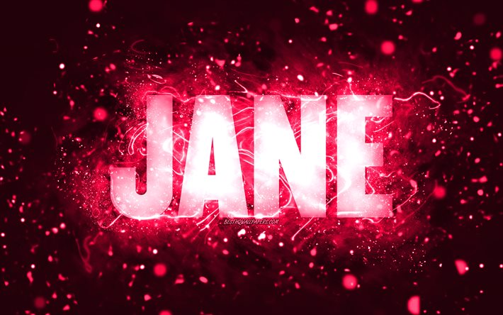 Grattis p&#229; f&#246;delsedagen Jane, 4k, rosa neonljus, Jane namn, kreativ, Jane Grattis p&#229; f&#246;delsedagen, Jane f&#246;delsedag, popul&#228;ra amerikanska kvinnliga namn, bild med Jane namn, Jane