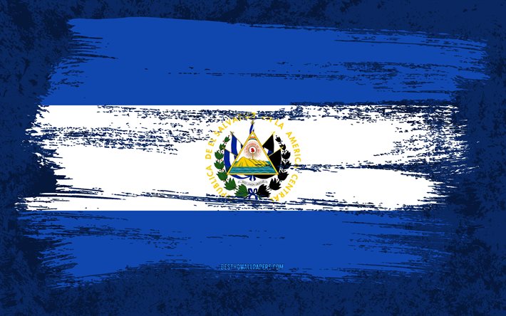 4k, drapeau d'El Salvador, drapeaux de grunge, pays d'Amérique du Nord, symboles nationaux, coup de pinceau, drapeau salvadorien, art grunge, Amérique du Nord, El Salvador